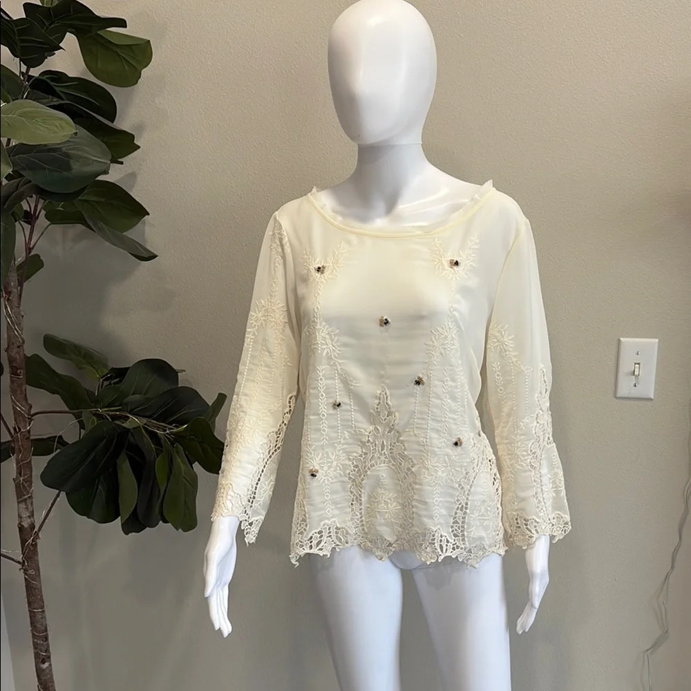 Anthropologie Arrata Silent Journey Sheer Beaded Embroidered Crochet Lace Top M